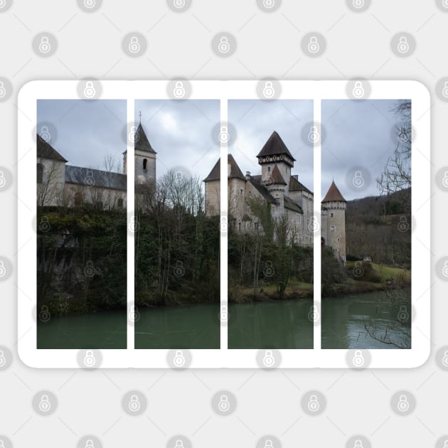 The castle of Cleron is a 14th-century castle on the river Loue in the Bourgogne-Franche-Comte. Cloudy winter day. Sticker by fabbroni-art